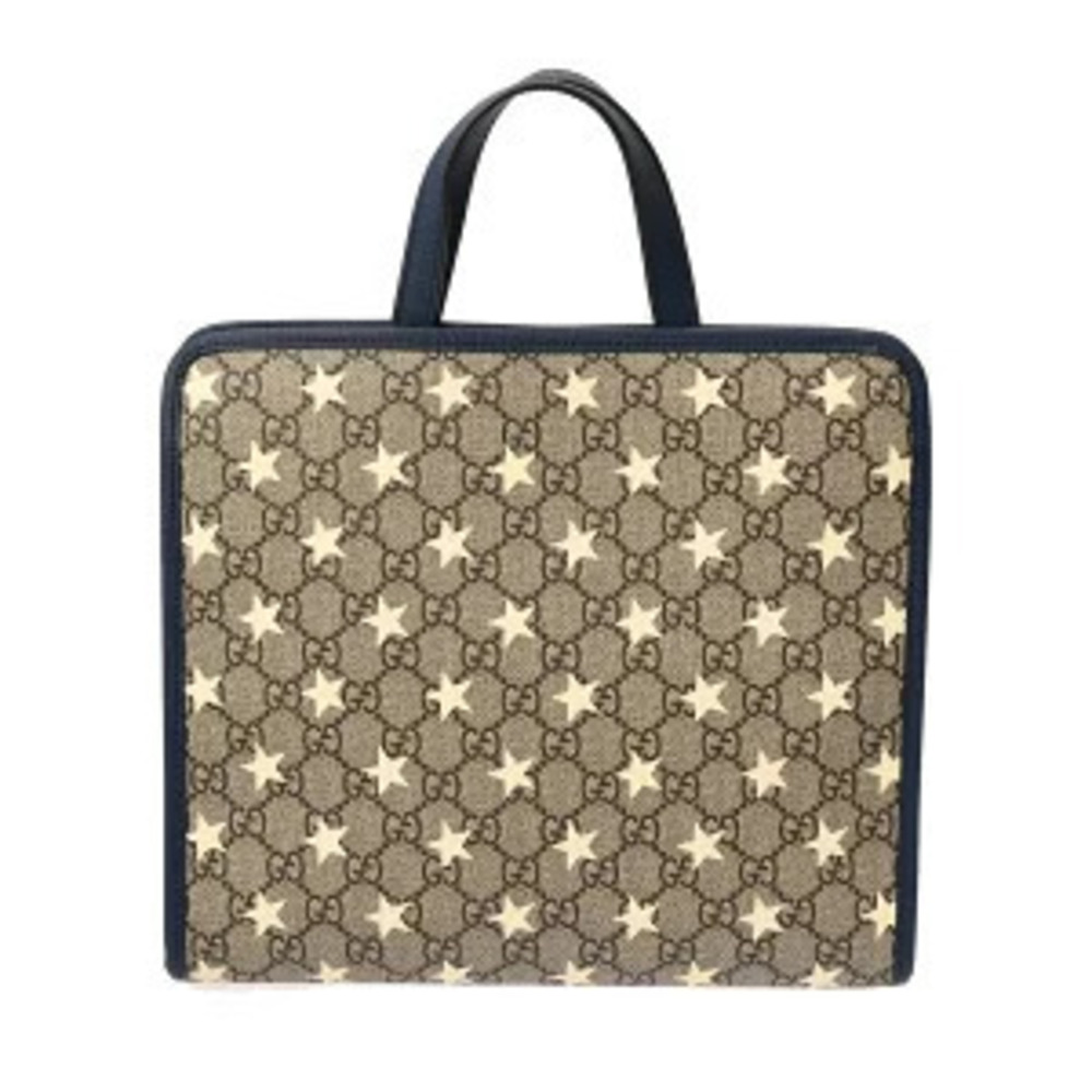 Gucci Beige Cream Ebony Navy Blue Leather GG Supreme Canvas Handbag